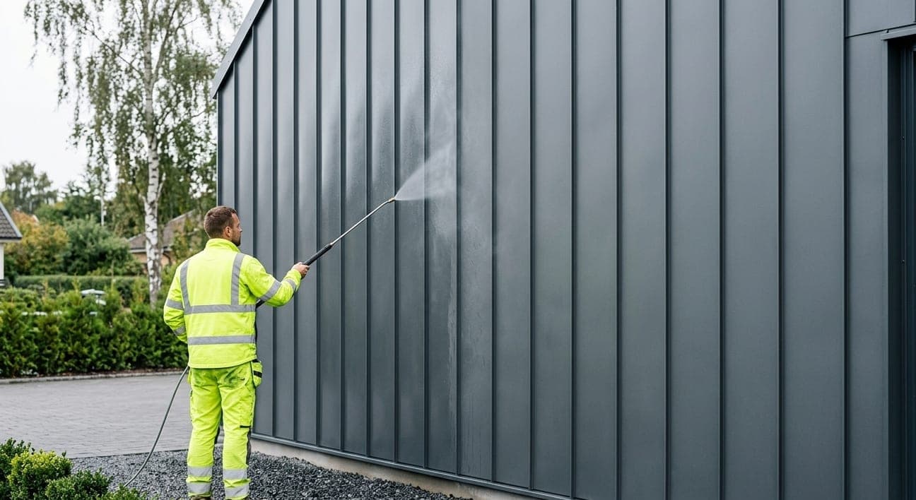 Tekniker utför fasadbehandling med impregnering på mörkgrå plåtfasad i Malmö