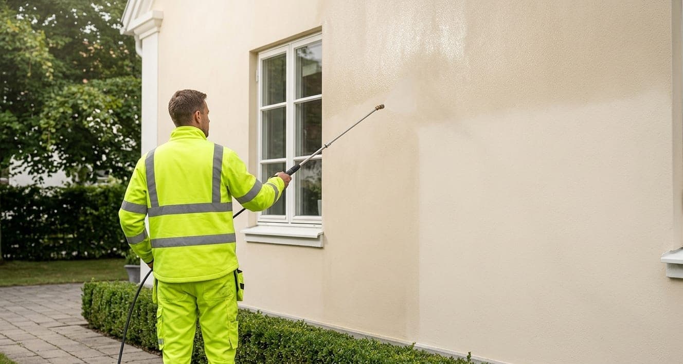 Tekniker utför fasadbehandling med impregnering på putsad villa i Malmö