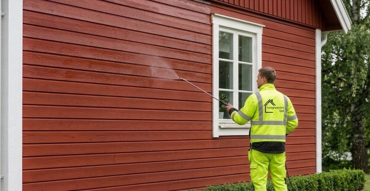 Tekniker utför fasadbehandling med impregnering på rödmålad träfasad i Malmö