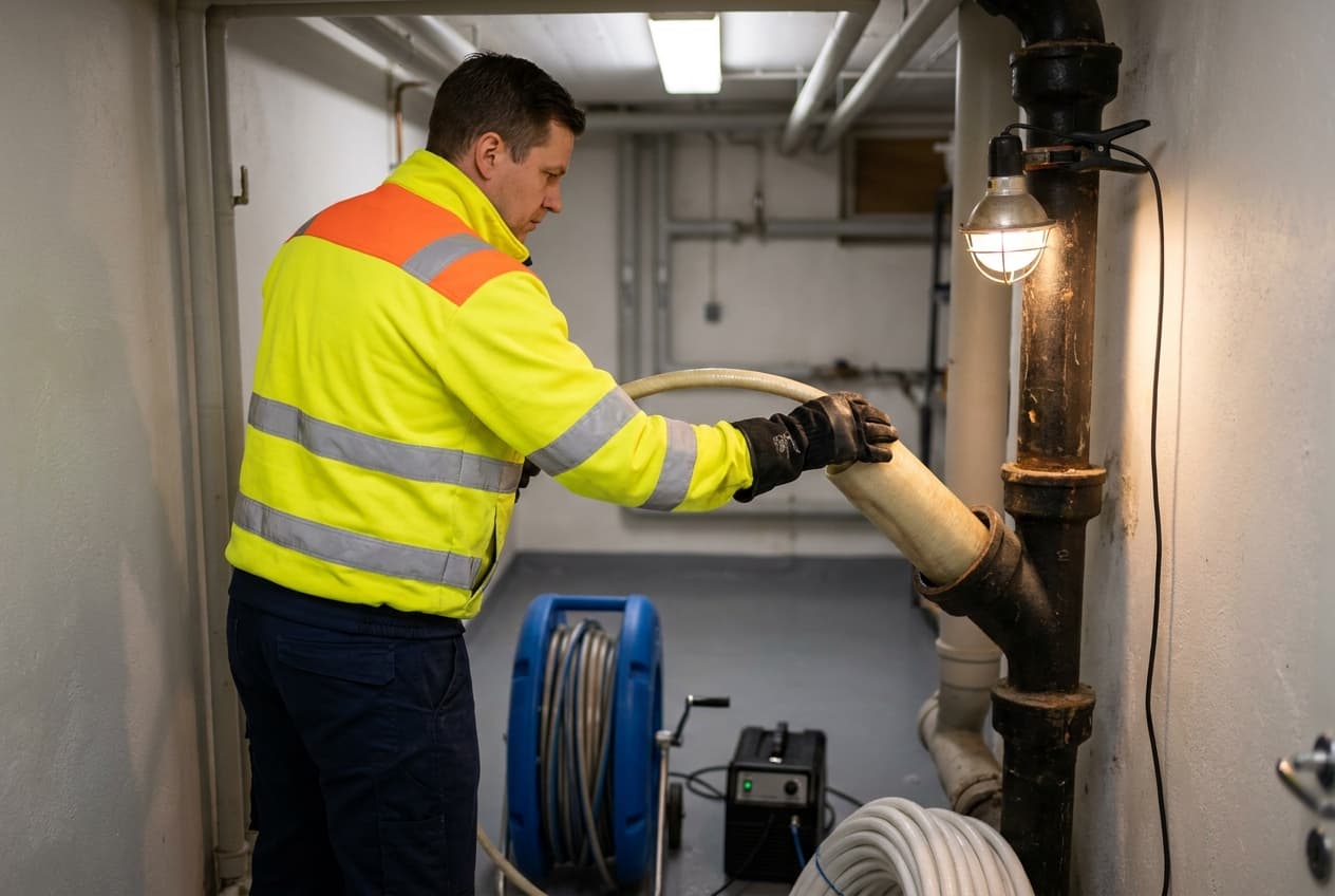 Tekniker utför relining av avloppsstam i källare i Malmö