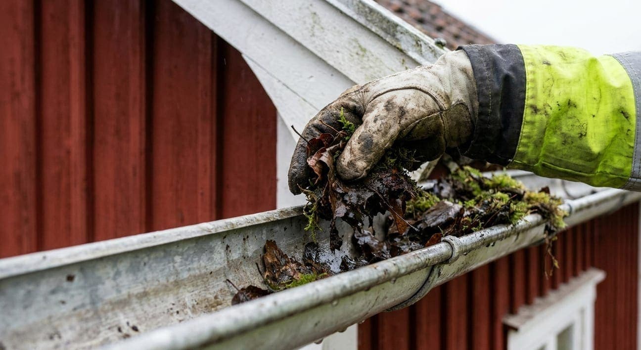 Rensning av hängrännor i Malmö, borttagning av löv och mossa för fritt vattenflöde