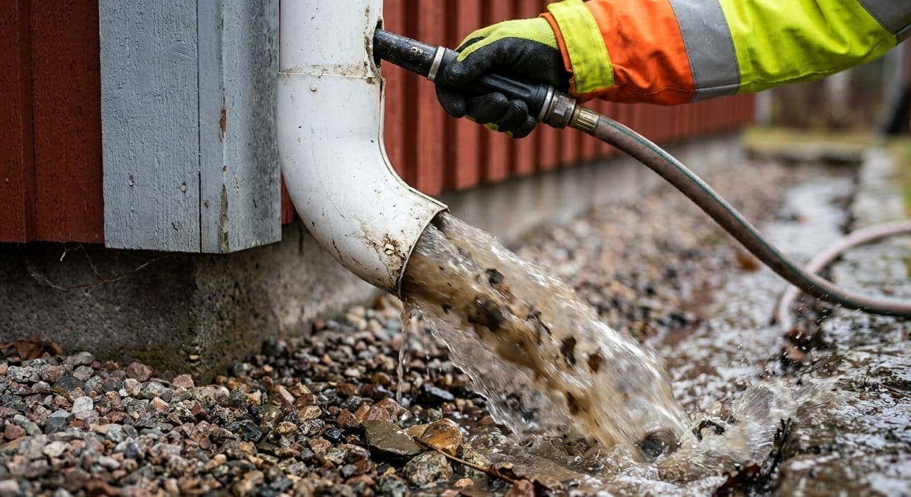 Högtrycksspolning av stuprör i Malmö som rensar blockeringar av löv och mossa