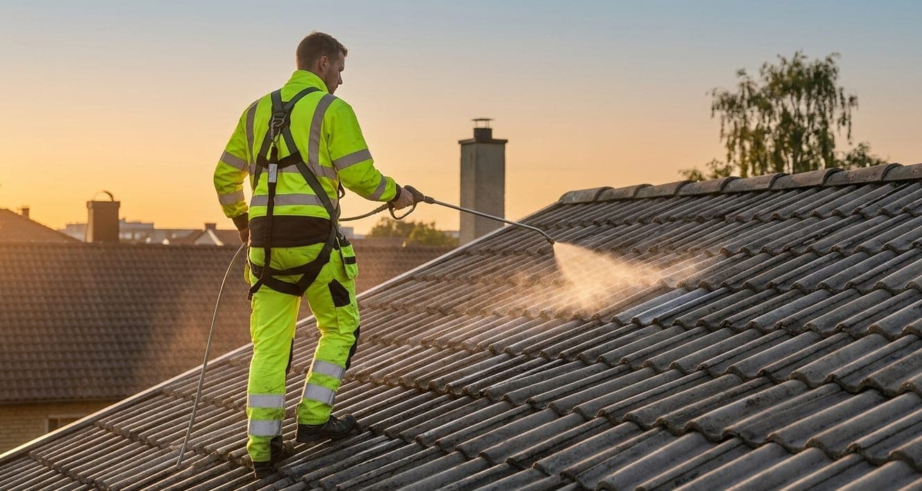Tekniker utför takimpregnering på rent tak i Malmö i kvällssol